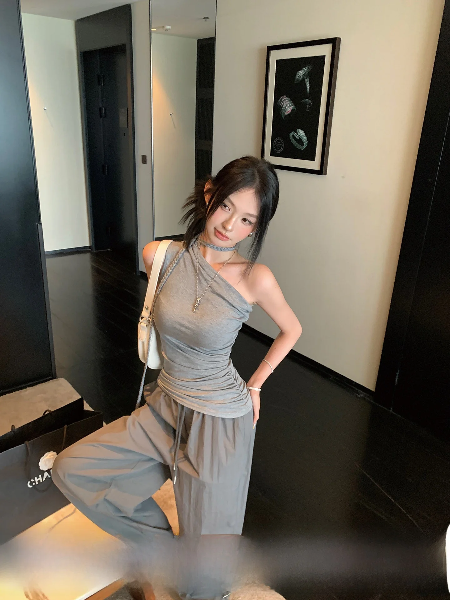 

Okaaay Hepburn Sle Asymmetric oulder Sa Design Женская летняя повседневная верхняя одежда для поездок на работу Майка свободного покроя из синтетического волокна