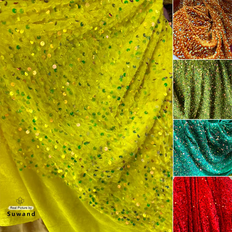 

Stretch Sequins Embroidered Velvet Fabric Plush Cloth for Performance Costumes Evening Dresses DIY Decor Designer Material