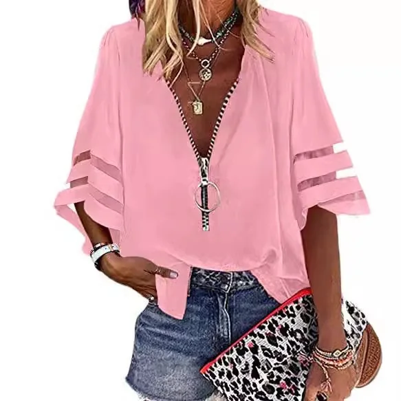 Fashion Retro V-neck Zipper Shirt with Half Flared Sleeves and Perforated Top 2026 Summer Women's Casual Loose Printed T-shirt