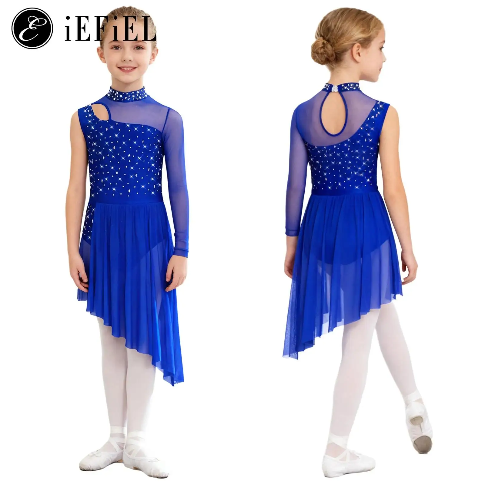 Girls Lyrical Dance Dress Ballet Gymnastics Leotard Tutu Dress Side Split Sheer Mesh Rhinestones Skating Contemporary Dancewear