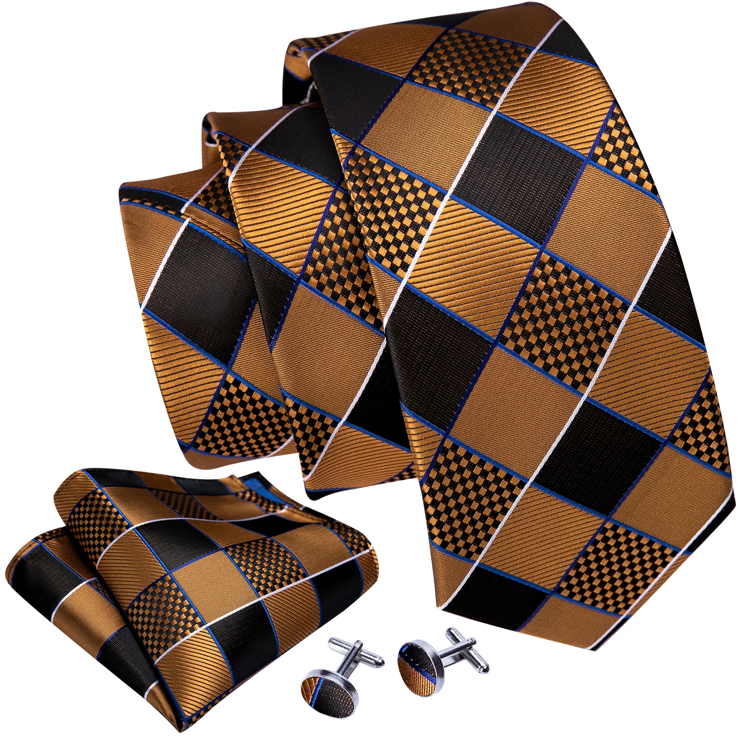 Corbata de diseñador para hombre, corbata de Jacquard, conjunto de gemelos cuadrados de bolsillo, cuadros marrón y negro para hombre, corbatas de fiesta de negocios de boda, regalo