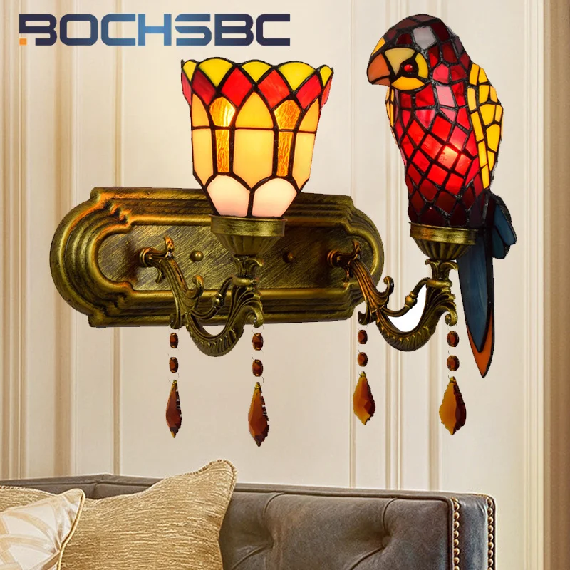 BOCHSBC Tiffany style stained glass parrot double head crystal wall light Dining room bedroom bedside corridor wall lamp decor