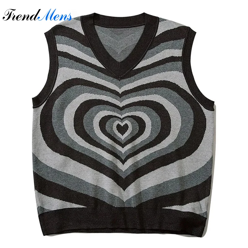

Men Vintage Knitted Sweater Vest Contrast Color Heart Pullover High Street Harajuku Casual Loose Sleeveless Sweaters Top Unisex