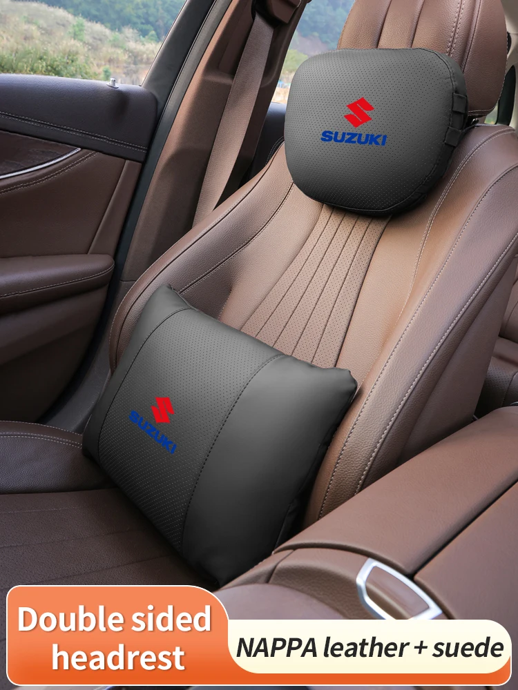 Car Suede Leather Headrest Neck Support Suzuki S-Cross Swift Samurai Alto Baleno Vitara IGNIS Jimny Ertiga Seat Waist Cushion