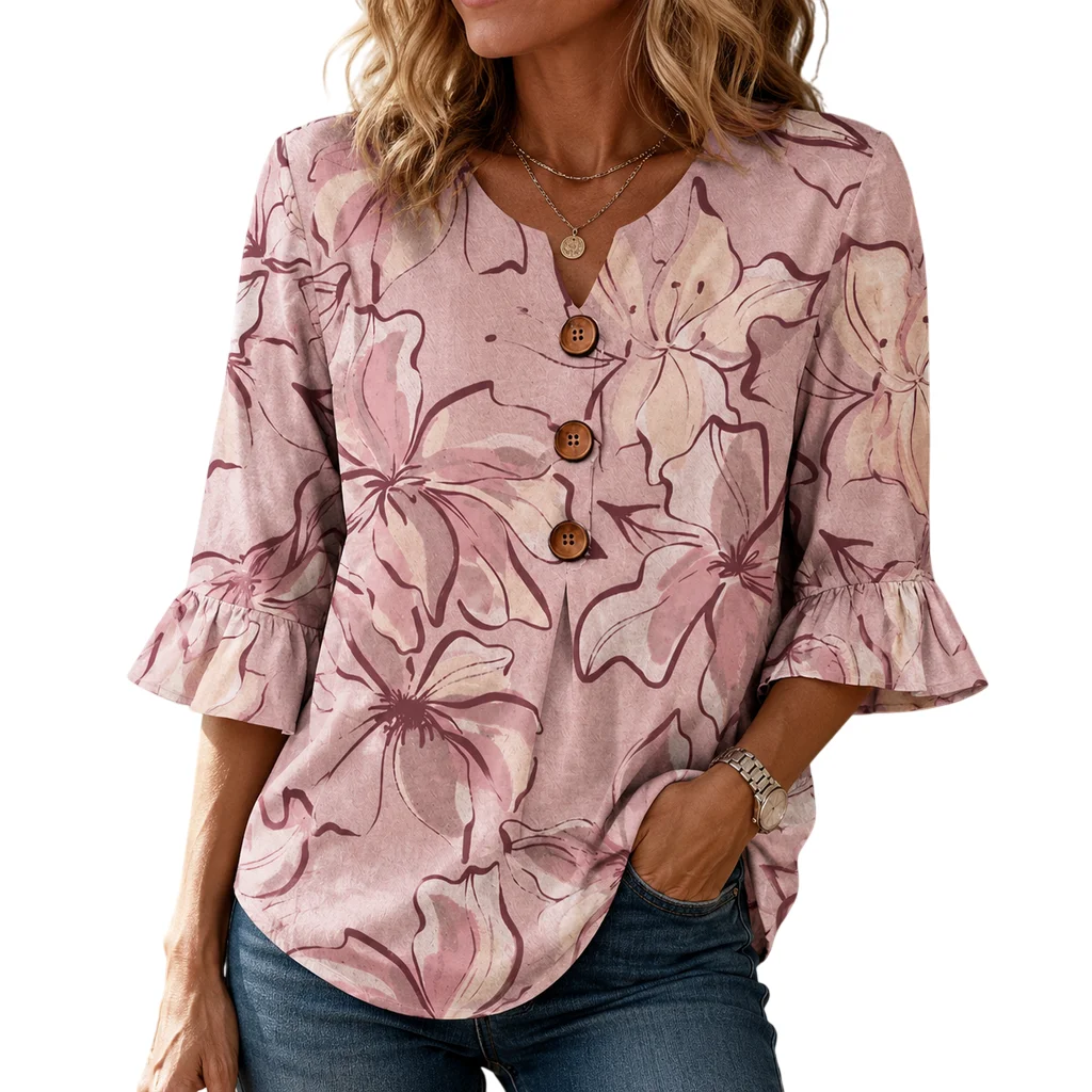 Soft Textured Pink Watercolor Floral Notched V Neck Ruffle 3/4 Sleeve Blouse Casual Elegant Loose Daily Wear Tops for Women