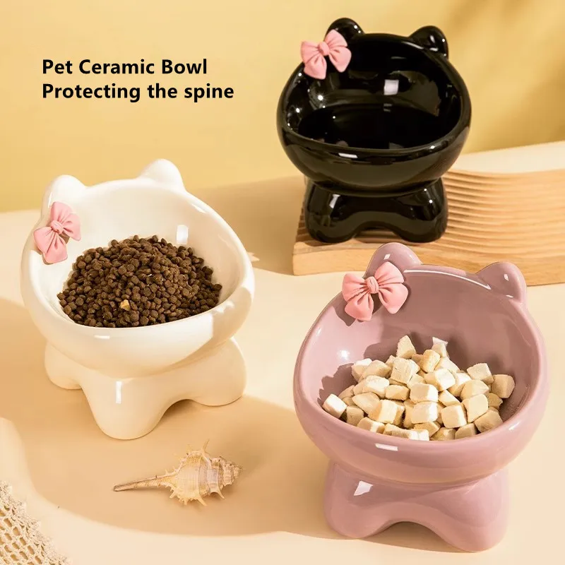 

Princess Bowknot Cat Bowl Ceramic Elevated Shelf Beard Friendly Raised Cat Food Bowl for Food Water for Flat Inclined Cat Plat