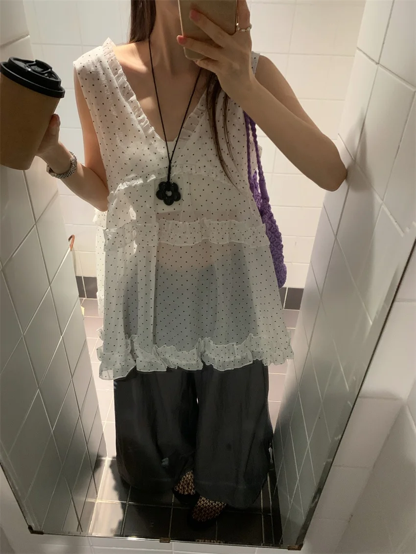 

Alien Kitty Gentle Women Blouses New Slim Polka Dots Loose Fashion 2025 Sweet Summer Wide Leg Camping Office Lady Chic Pants
