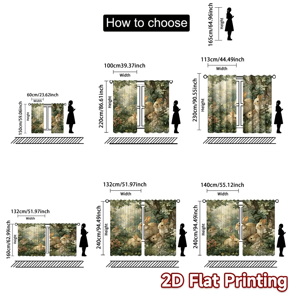 2D FLAT PRINTING 2pcs Curtains (Without Rod) Easter Rabbits in Spring Garden Popular Light Filtering Curtains Durable Polyester