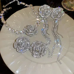 Shinny Crystal Camellia Choker Necklace Earring Jewelry Set
