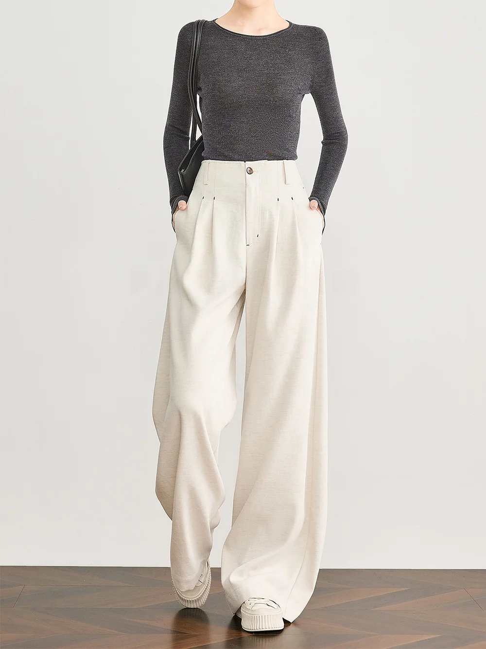 

FALIN High Waist Wide Leg Pants Women's Floor Length Suit Pants Beige Color Commute Sle Casual Pants