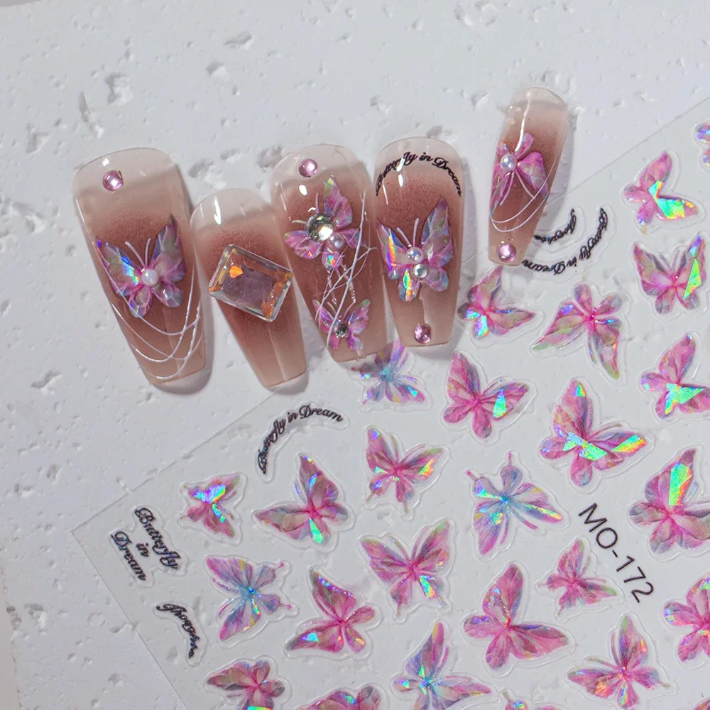 1Pc-Aurora Shell Butterfly Nail Stickers Pink Purple Shiny Laser 3D Butterflies Decals Adhesive Butterfly Slider Nail Decoration