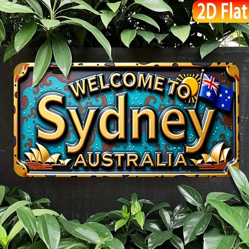 مسطح ثنائي الأبعاد، قطعة واحدة من لافتة الترخيص الأسترالية العتيقة - مرحبًا بكم في سيدني وأستراليا مع الشمس والمراكب الشراعية والنجمة #5