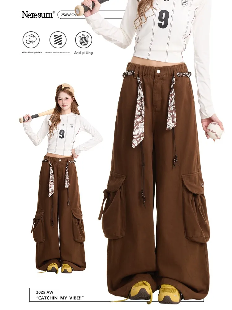 NERESUM Coffee Color Women's Retro Multi-Pocket Loose Workwear Pants Autumn Winter Wide Leg Slimming Floor-Length Pants