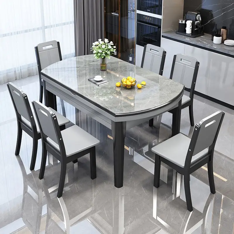 DSA household bright rock slab dining table light luxury retractable round table simple square and round dual-purpose dining