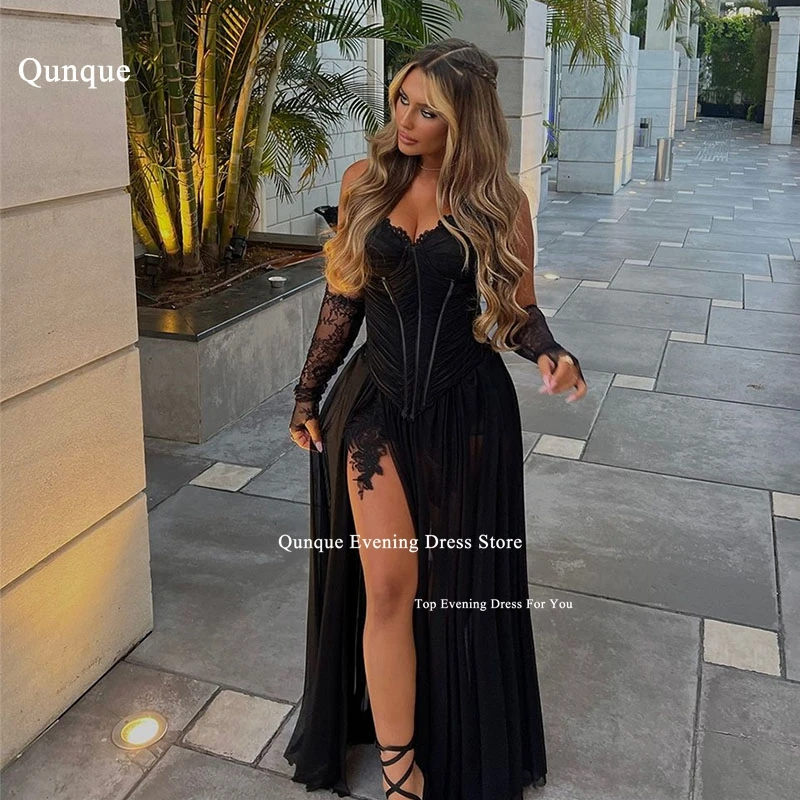 

Qunque Customized A-line Chiffon Evening Dress High Split Lace Appliques Formal Party Gowns Detachable Sleeves Vestido De Fiesta