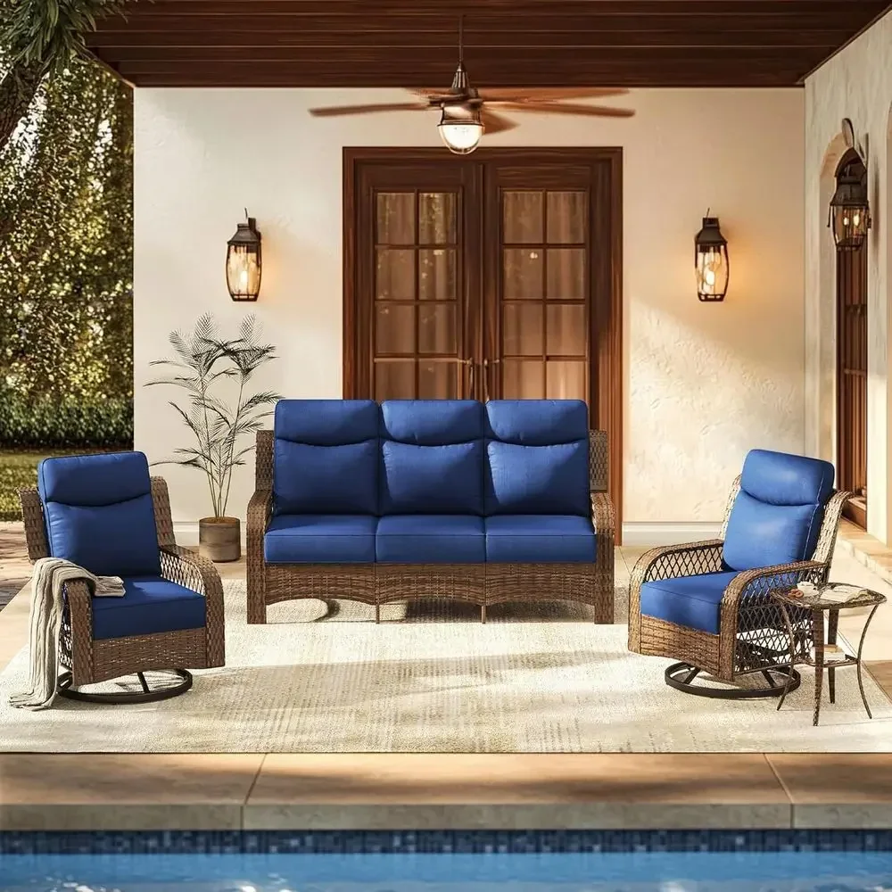 4-Piece Outdoor Sectional Set with 3-Seater Sofa, Swivel Rocker Chairs, and Side Table - Cushions and Full Support Back