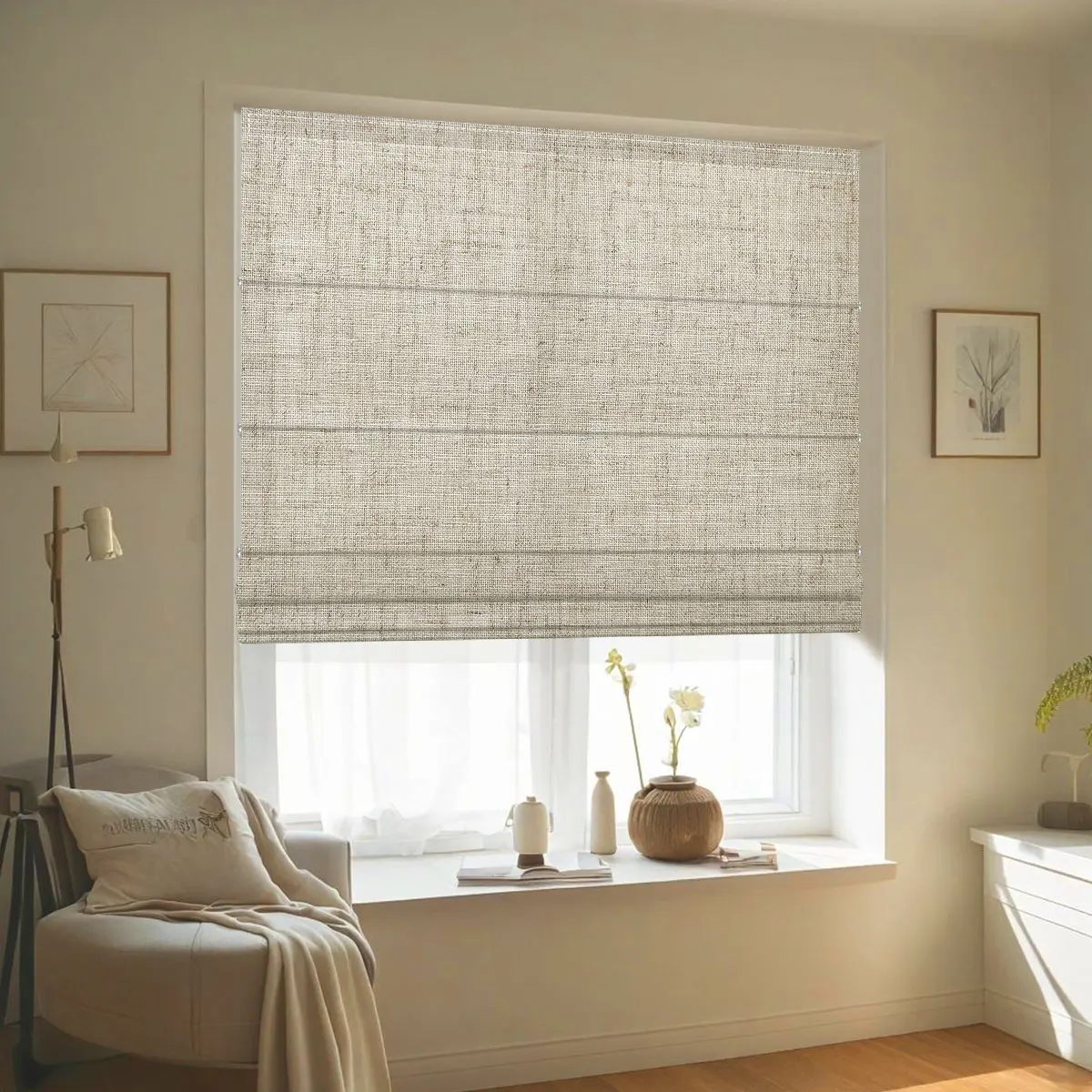 

Modern Linen Fabric Light Filtering Cordless Roman Shades Horizontal Window Blinds Built-In Roller Slat for Home Room