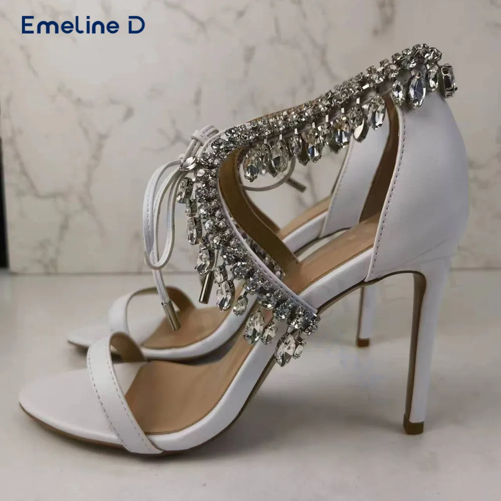 

Crystal Gemstone Decorated One-Strap Sandals Round Toe White Stiletto Heels High Heels Fashionable Temperament Women's Shoes