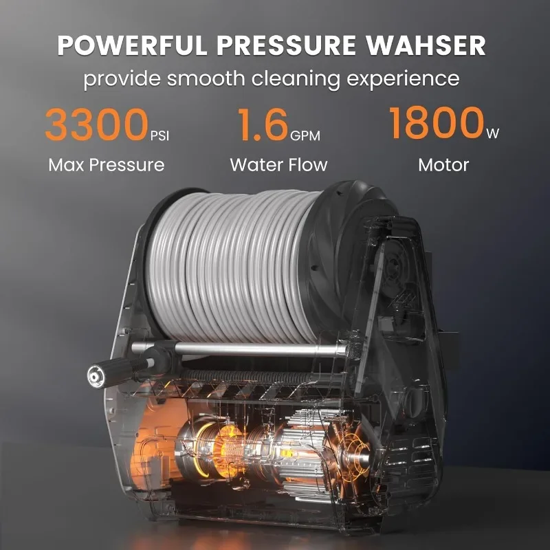 Grandfalls Pressure Washer PRO, Max 3300 PSI, 1.6 GPM Electric Wall Mounted Power Washer with 100ft Retractable Hose