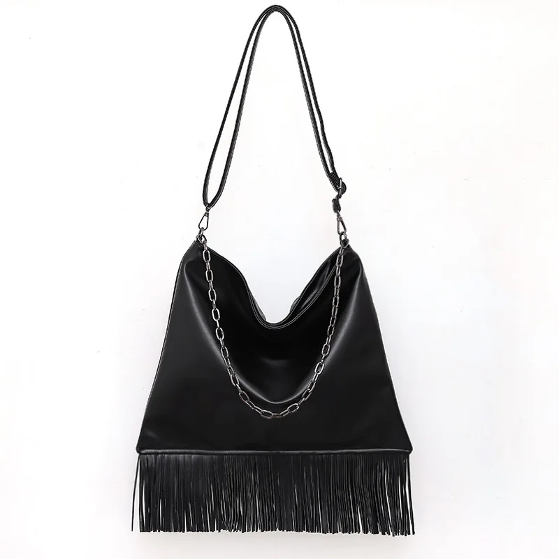 

European and American Fashion Thin Soft Leather Chain Shoulder Long Crossbody Large Bag Large Capacity Tassel Bag Flow Comb Wome