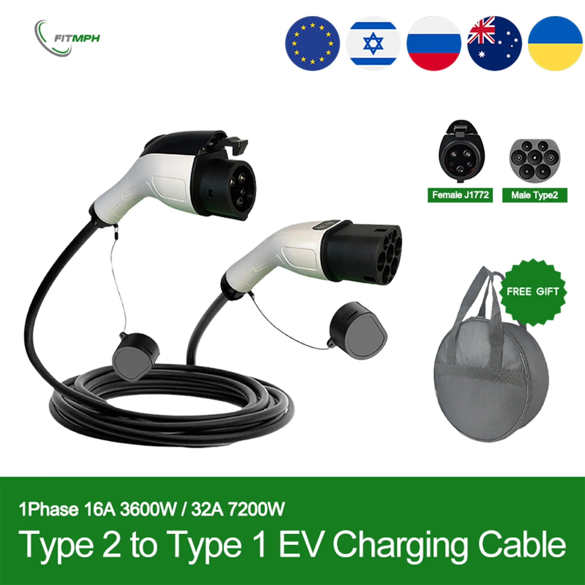Удлинительный кабель для зарядки FITMPH типа 2, типа 1, подключение к общественной зарядной станции, электромобиль и PHEV 32A 7200 Вт с сумкой для хранения