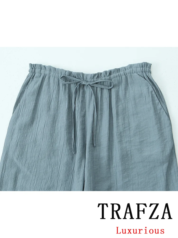 TRAFZA Vintage Casual Chic spodnie damskie solidne kieszenie sznurkiem proste luźne spodnie moda 2024 wiosenne letnie spodnie wakacyjne