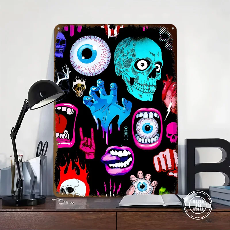 Psychedelic Skull & Eye Pattern Tin Poster Customized Wall Art Retro Vintage Metal Signs for Fans Room Garage Accessories House