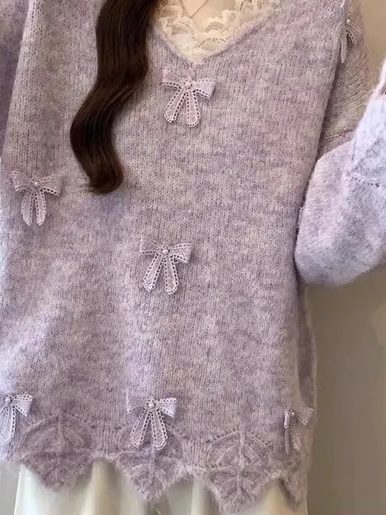 Maglione ampio con nodo in pizzo viola V-Ne da donna Autunno Inverno taglie forti Comodo top lavorato a maglia Faionable Casual