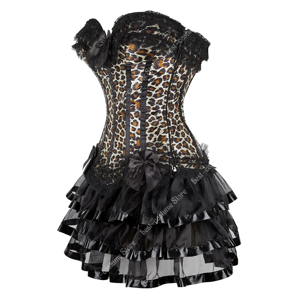 Burlesque Corset Dress for Women Leopard Print Corset Bustier Top Sexy Lace Corset Lingerie Dress Vintage Leopard Outfits