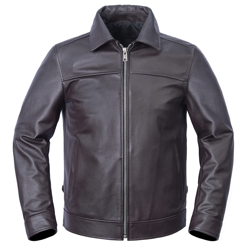 

Faionable Urban Sle Genuine Top Layer Cowhide Leather Jaet Slim Fit Collar Busin Casual ort Coat for Men