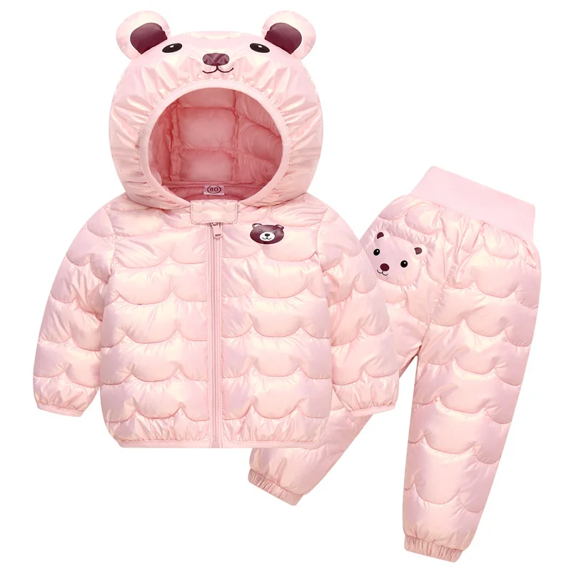 

New Kids Lightweight Cartoon Bear Hooded Down Jackets with Pants Boys Girls Cotton-padded Clothing Sets Baby Winter Warm Outfits