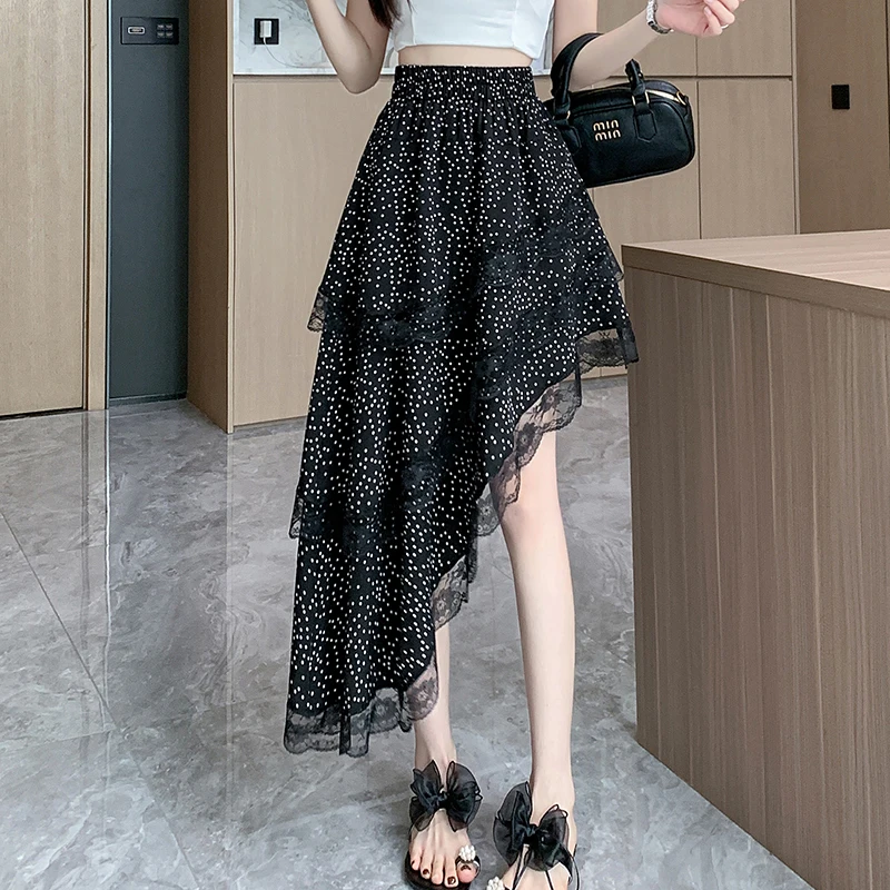 

Sweet polka dot skirt Y2K aesthetic irregular streetwear high waist lace edge maxi dress sexy fairy