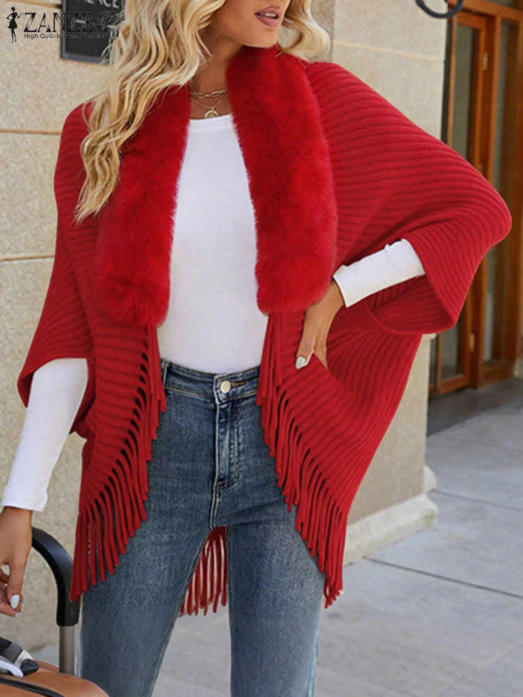 

ZANZEA Women's Cozy Cardigan Sweaters FW 2025 Faux Fur Collar Dolman Sleeve Fringe Hem Details Cape Style Knitted Sweater
