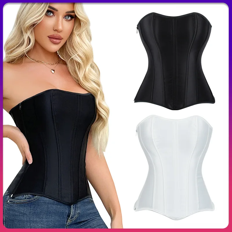 KIDCRKJ Fashion Black White Corset Top Women Gothic Vintage Lace Up Zipper Crop Top Bustier Shaperwear Satin Overbust Corselet