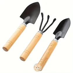 Juego herramientas jardinería pala y rastrillo con mango madera