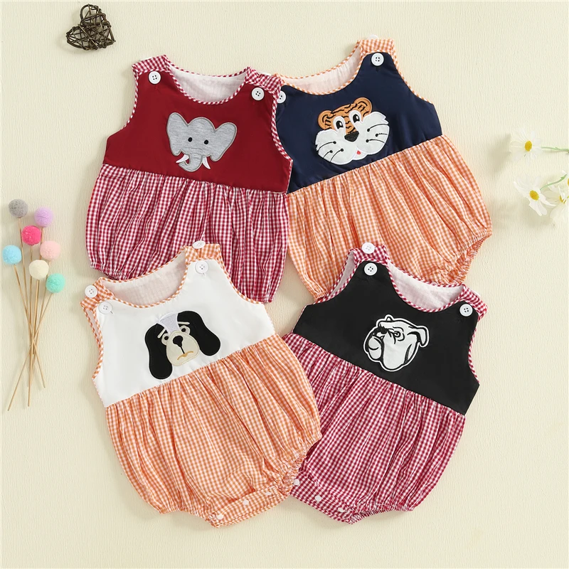Bebê recém-nascido meninos meninas macacão casual sem mangas animal bordado xadrez impressão macacão da criança do bebê roupas de verão
