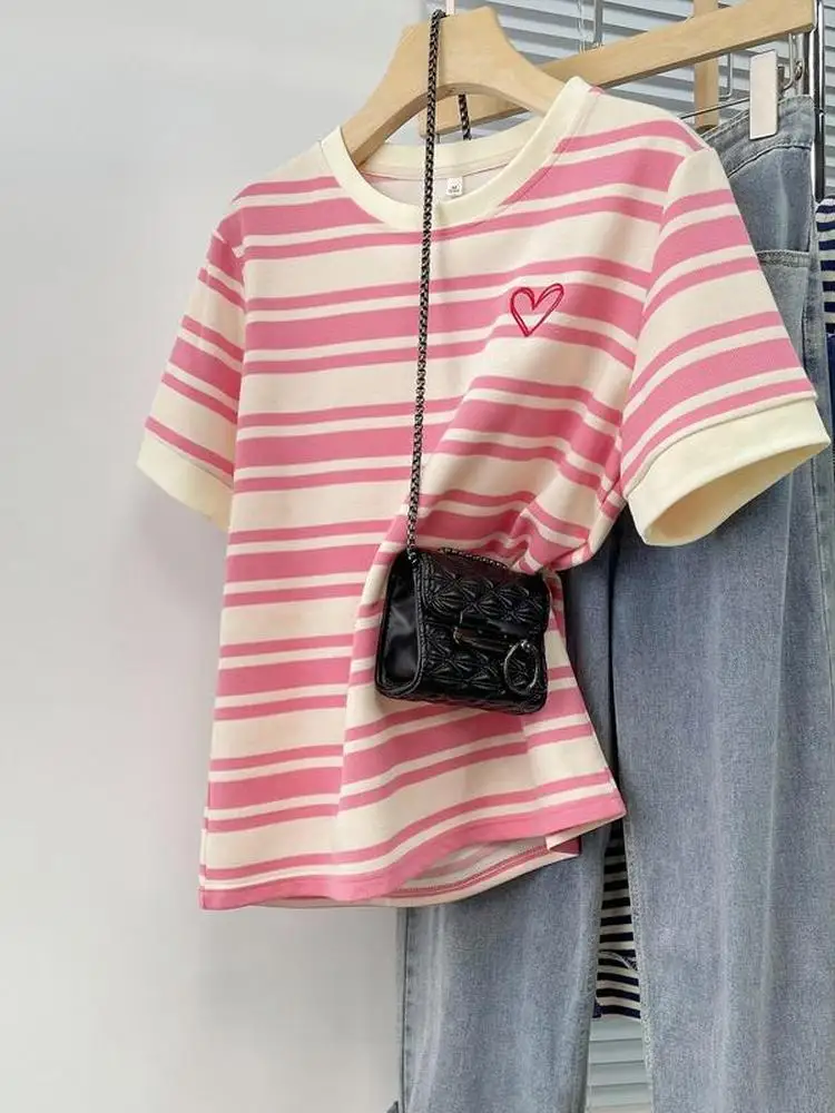 Summer 2026 Women's round Neck Short Sleeve T-shirt Embroidered Heart Color Block Stripes Casual Style Cotton Blend Fashionable