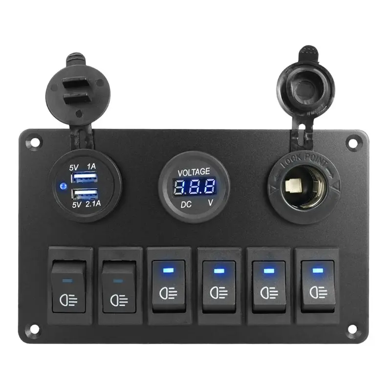 LED Digital Voltmeter Rocker Switch Panel 6 Gang Car Marine Waterproof Circuit Breaker Dual USB Port On/OFF DC 12V