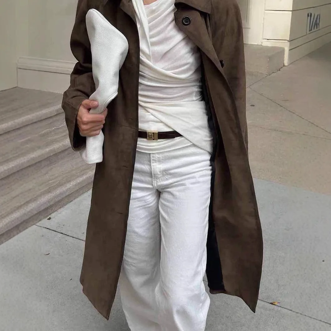 Outono e inverno retro marrom camurça casaco feminino longo high-end solto lapela jaqueta commuter roupas femininas