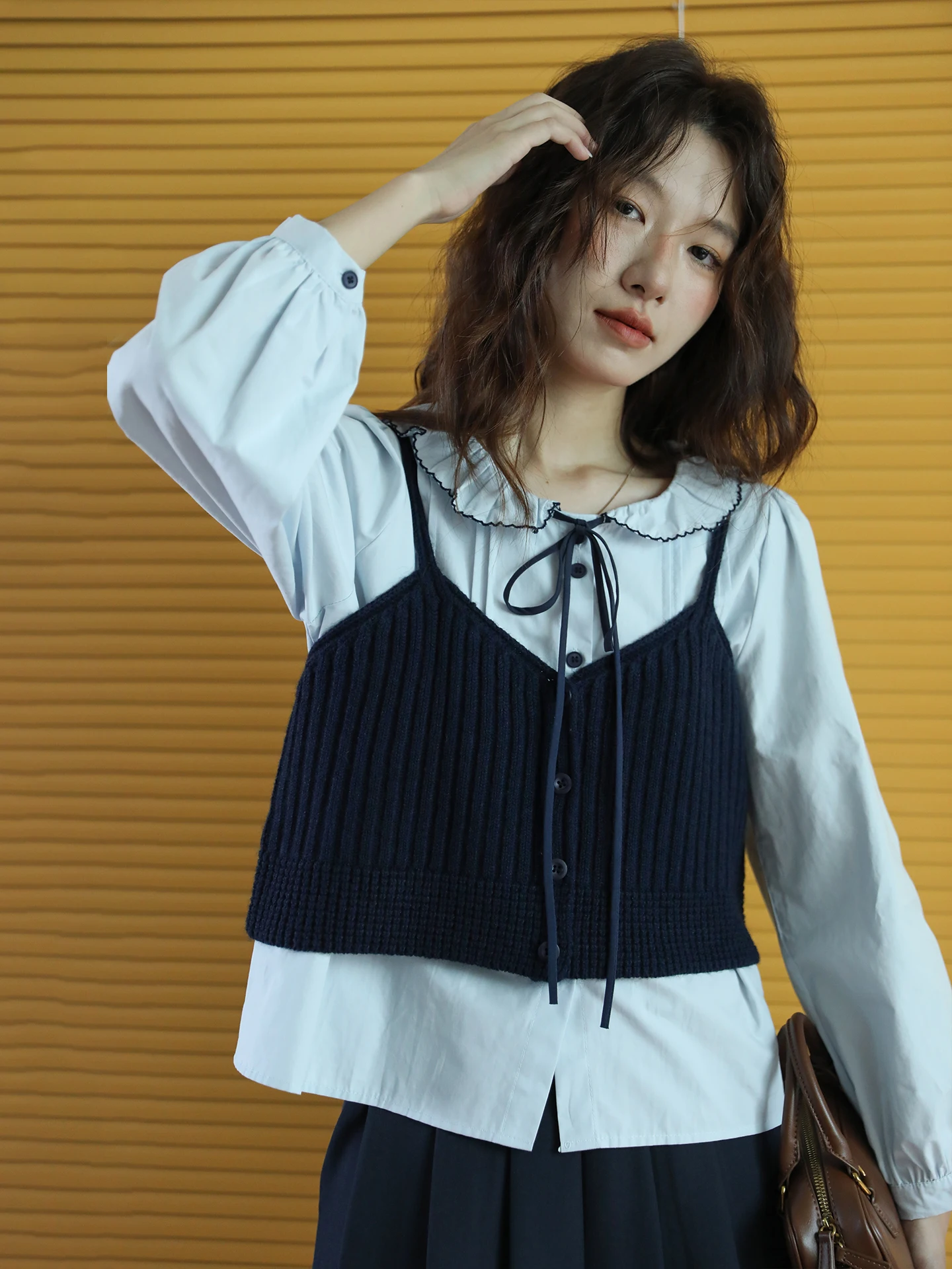 

Loose Fit Korean Sle Knitted Sweater Vest k Blue V-Ne Outerwear Casual Ci Walk Autumn Winter Design Retro Top