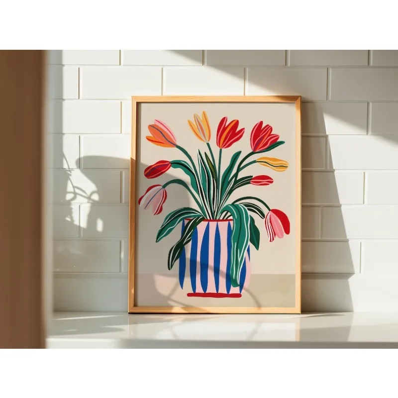 2pcs Tulip Flowers Canvas Wall Art, Noframed Modern Floral Vase Prints, Bold Botanical Artwork for Living Room and Kitchen Decor view 3