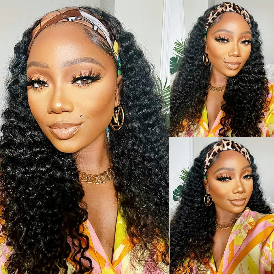Deep Wave Headband Wigs Human Hair Pull Go Glueless Wig Half Wigs Full Machine Made Deep Curly Headband Wig 180%