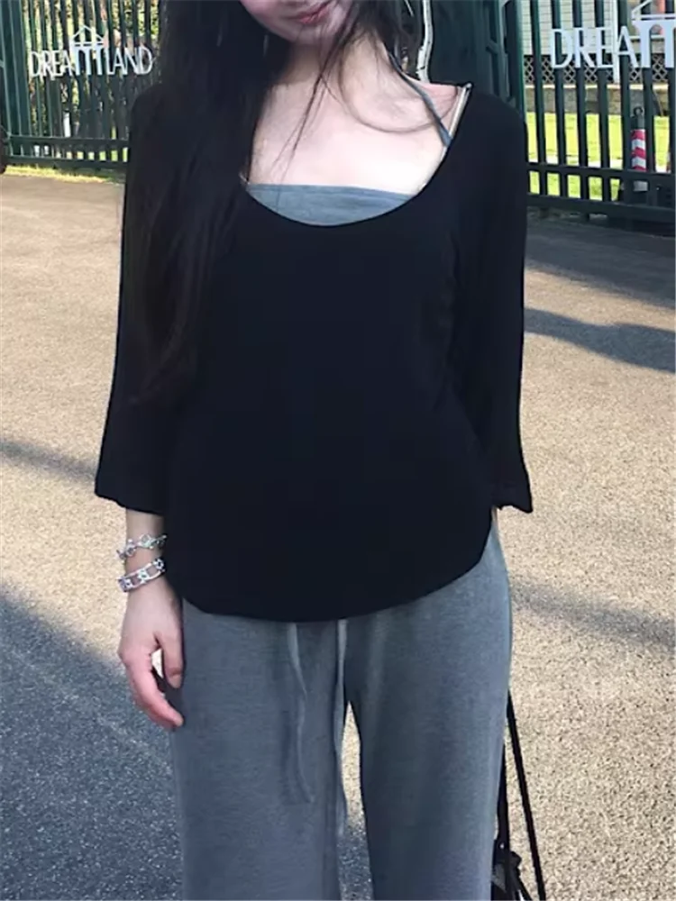 

2026 New Spring Women Casual Two Pieces Sets Lining Vest&Loose Black T Shirt Top&High Waist Wide Leg Pants Matching 2pc Suits