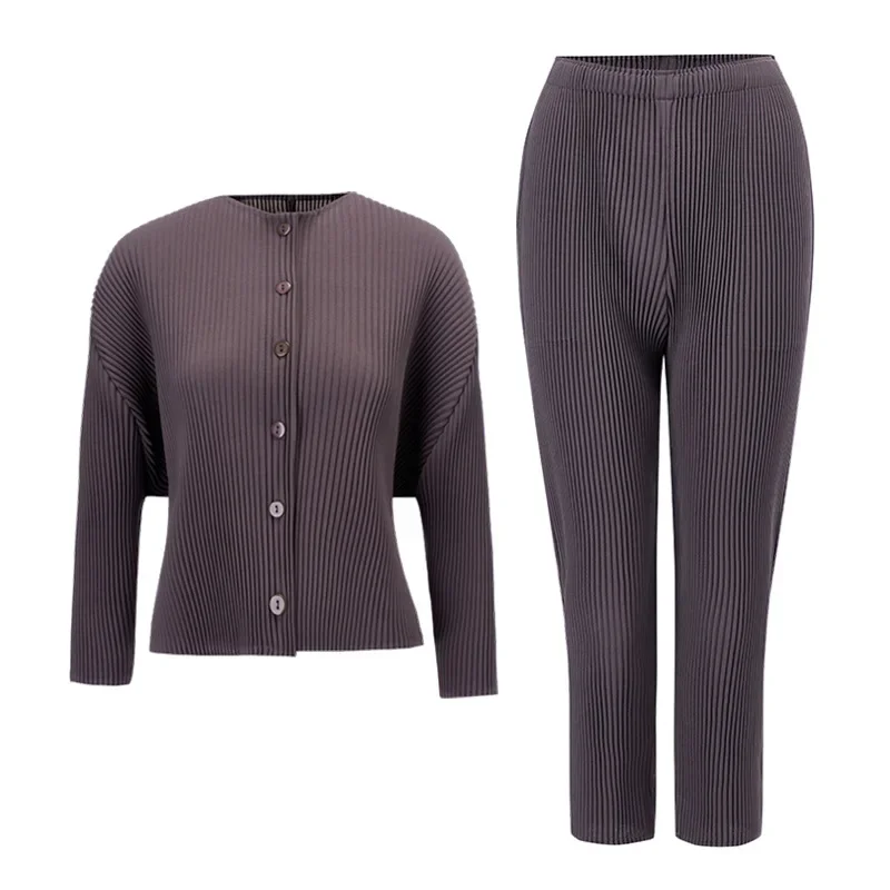 Cardigan plissé à boutonnage simple pour femme, veste à manches longues, pantalon à petites jambes, design solide épaissi, mode automne, 2024