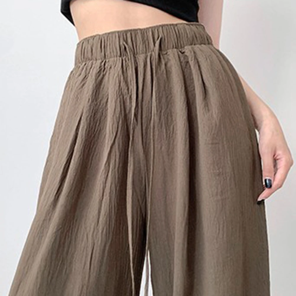 Women Ice Silk Loose Wide Leg Pants Elastic Waist Solid Color Long Trousers Casual Summer Streetwear High Waist Bottoms