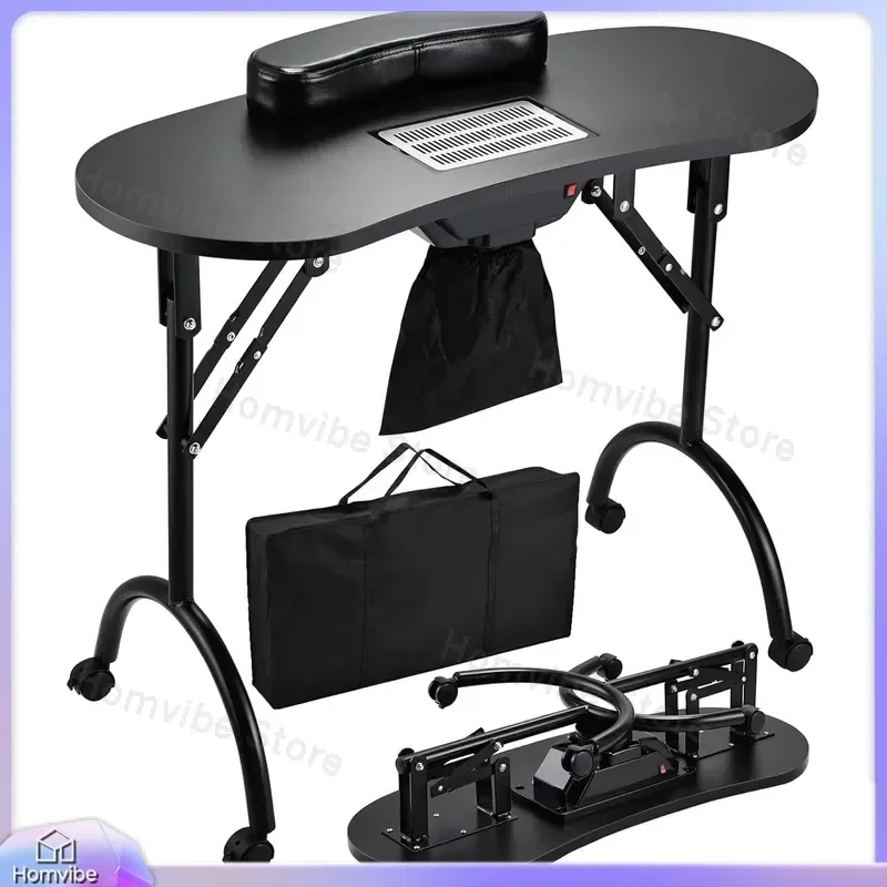

Portable Nail Table Rolling Manicure Table with Nail Duster Foldable Salon Table for Nails Pedicure Manicure Station Nail Art
