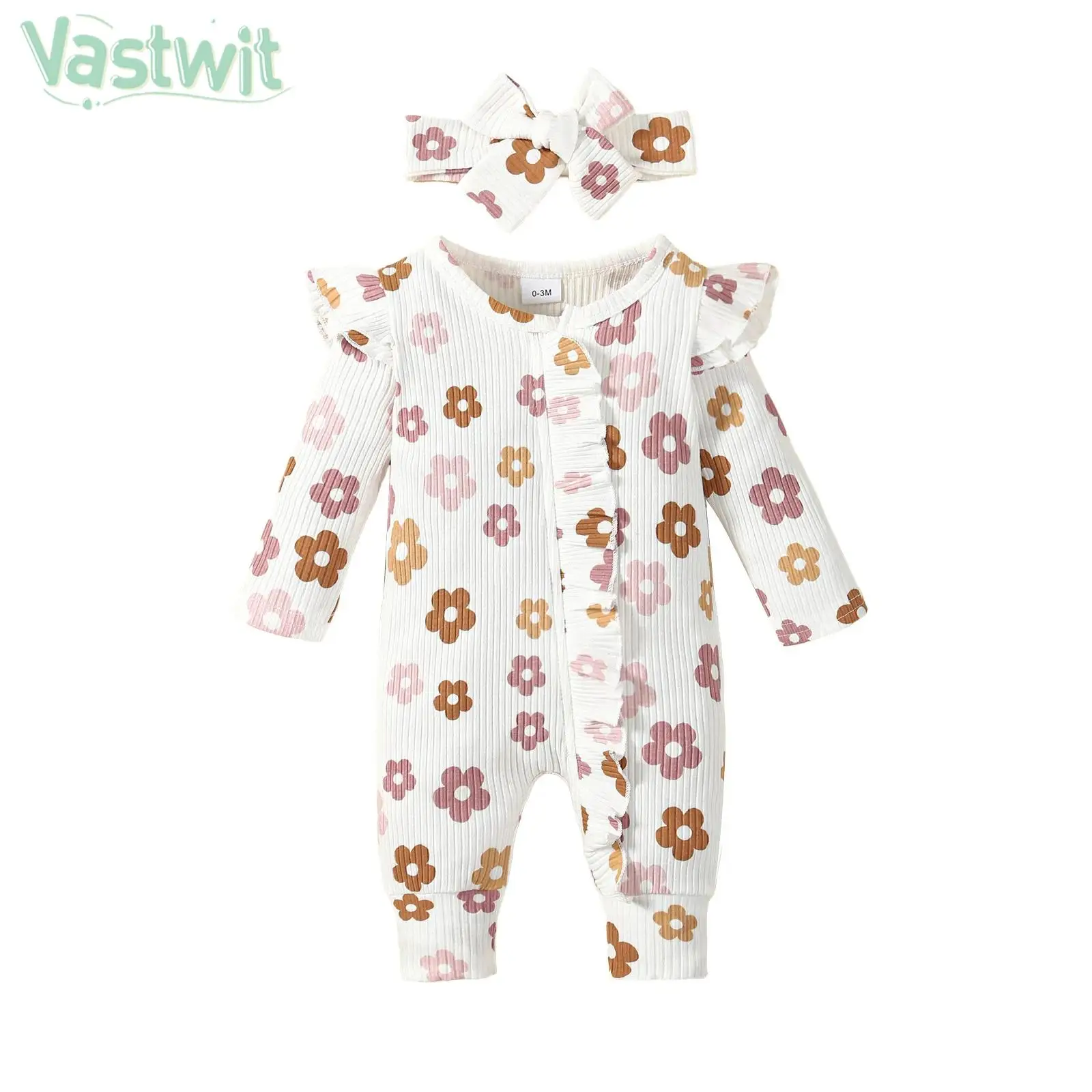 

Baby Girls Spring Autumn Casual Romper Long Sleeve Floral Print Bodysuit with Headband Daily Wear Homewear Photography Outfit