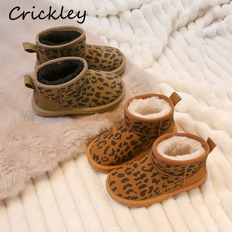 Leopard Pattern Children Snow Boots Winter Plush Thick Warm Soft Boys Girls Ankle Shoes PU Slip On Anti Slip Kids Boots