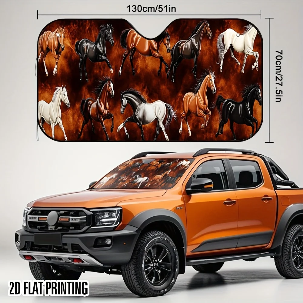 1pc 2D Flat Jumping On The Wall Of A Galloping Horse Print Universal Fit Car Windshield Sun Shade – Stylish And Cool, Perfect Su