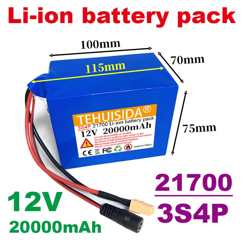 Universal 12V 21700 Lithium Ion Battery Pack 3S4P 20000mAh High Power Battery for Audio Headlight Pull Net Boat Bait Boat